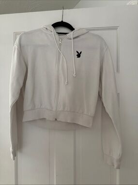 PLAYBOY White Cropped Zip Hoodie with Black Bunny Patch
